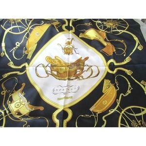 HERMES Paris Springs Black & Gold Silk Scarf 90CM